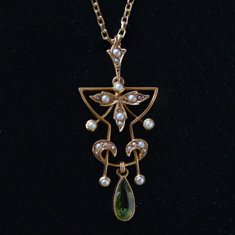 15-karaat-gouden-art-nouveau-hanger-met-peridot-en-parel