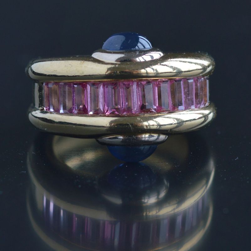 franse-80er-jaren-ring-roze-rubeliet-blauwe-saffier-18k-gold