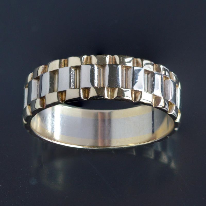 14-karaat-wit-en-geel-gouden-tank-schakel-rolex-ring